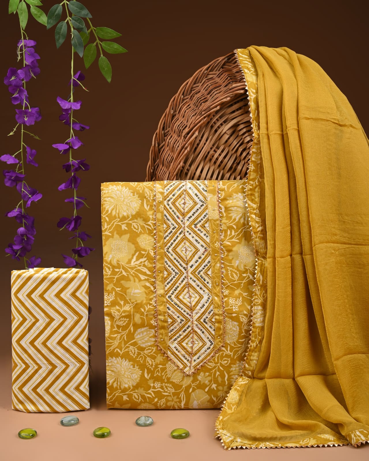 Premium Cotton Suit Set with Multicolor Neck & Zari Chiffon Dupatta (BCTCOTCFG24)