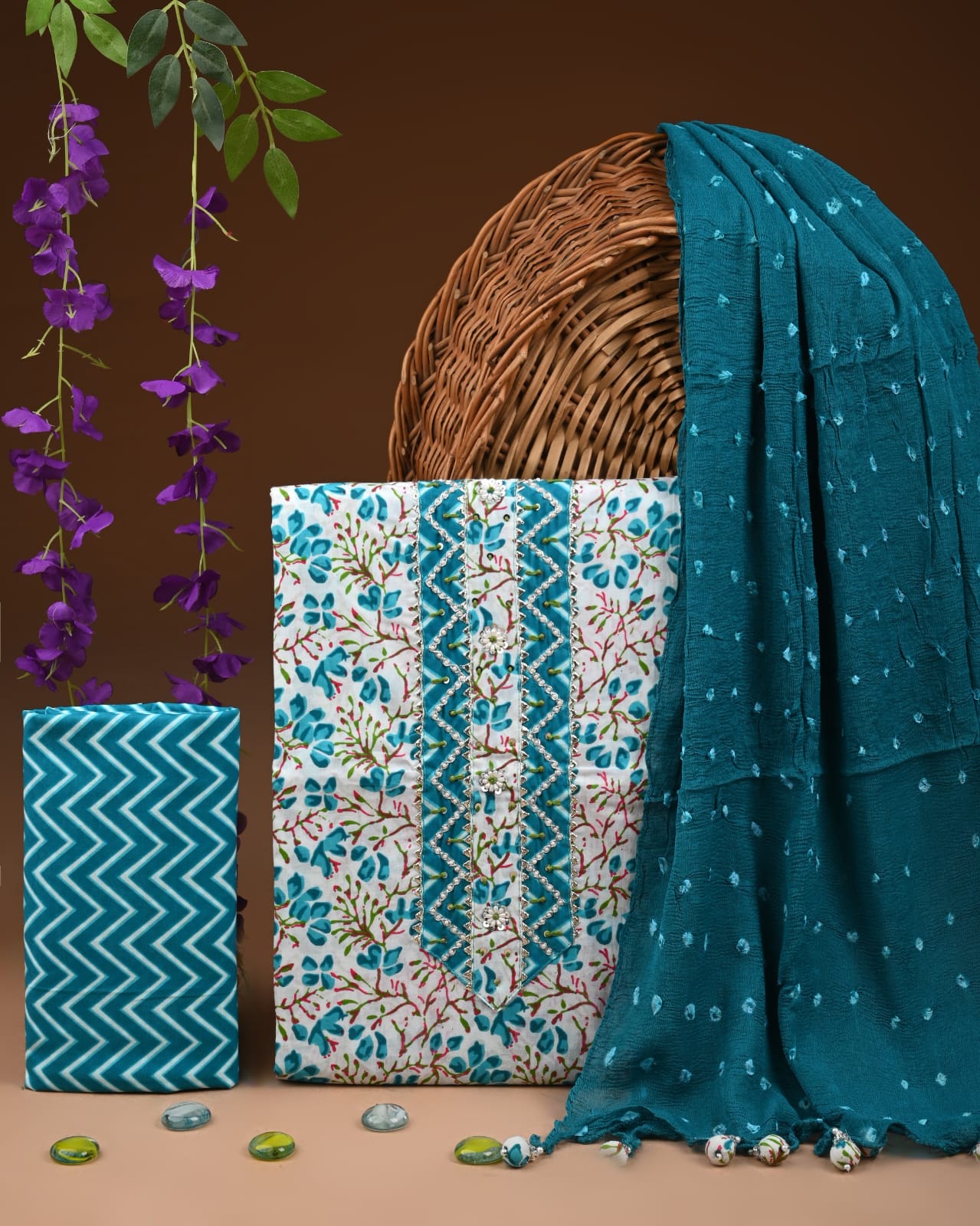 Premium Cotton Suit Set with Multicolor Neck & Zari Chiffon Dupatta (BCTCOTCFG27)