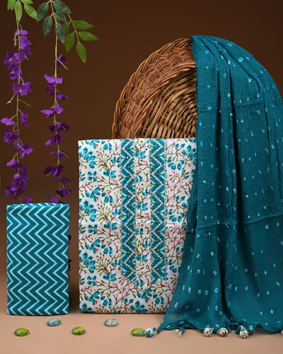 Premium Cotton Suit Set with Multicolor Neck & Zari Chiffon Dupatta (BCTCOTCFG27)