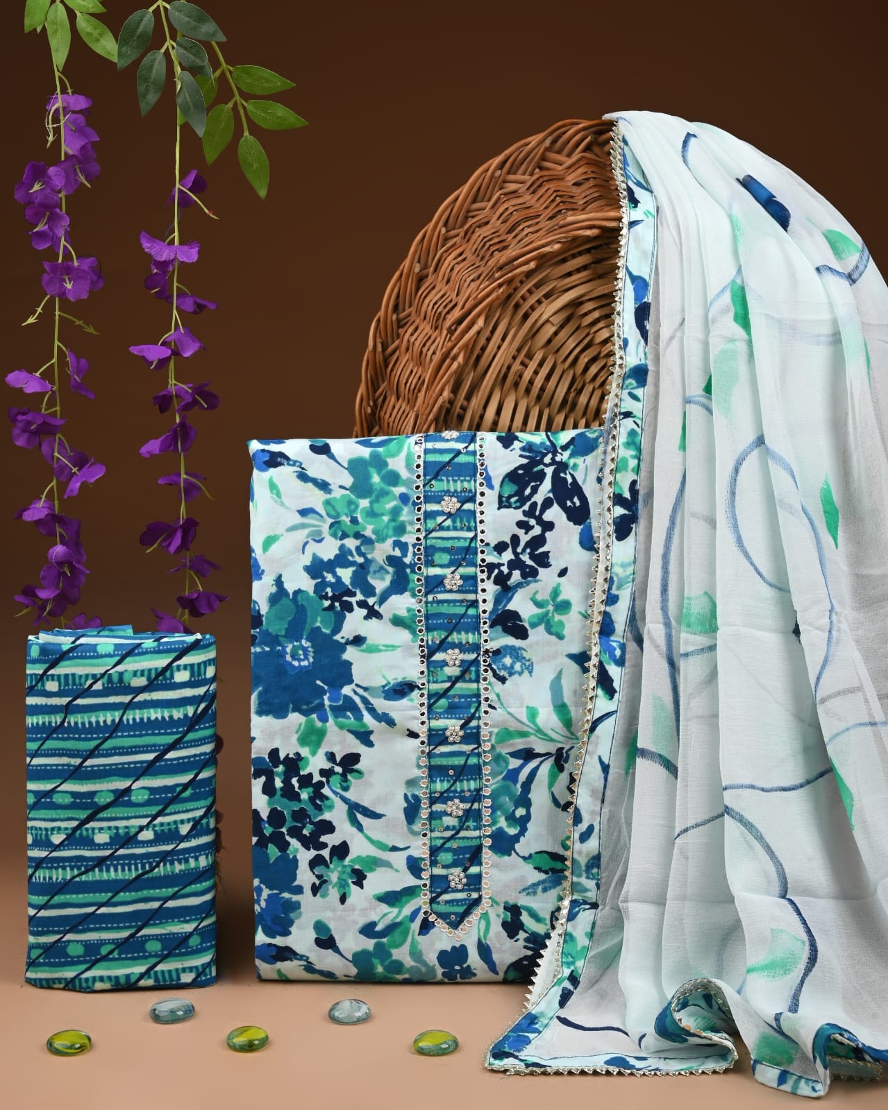 Premium Cotton Suit Set with Multicolor Neck & Zari Chiffon Dupatta (BCTCOTCFG29)