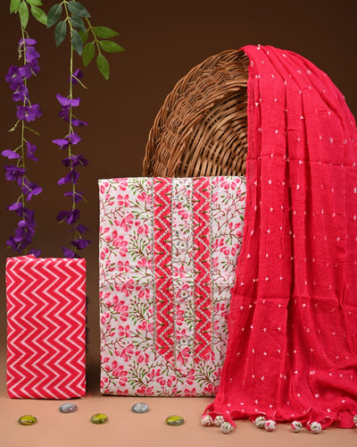 Premium Cotton Suit Set with Multicolor Neck & Zari Chiffon Dupatta (BCTCOTCFG30)