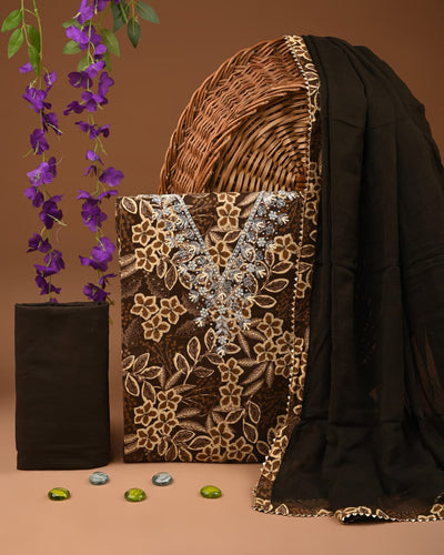 Premium Cotton Suit Set with Multicolor Neck & Zari Chiffon Dupatta (BCTCOTCFG34)