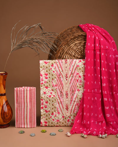 Premium Cotton Suit Set with Multicolor Neck & Zari Chiffon Dupatta (BCTCOTCFG36)