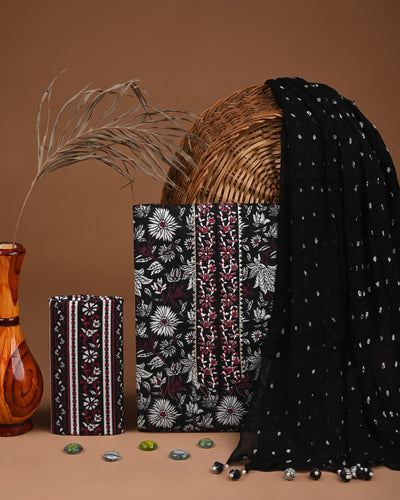 Premium Cotton Suit Set with Multicolor Neck & Zari Chiffon Dupatta (BCTCOTCFG37)