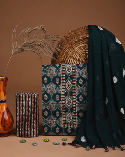 Premium Cotton Suit Set with Multicolor Neck & Zari Chiffon Dupatta (BCTCOTCFG38)