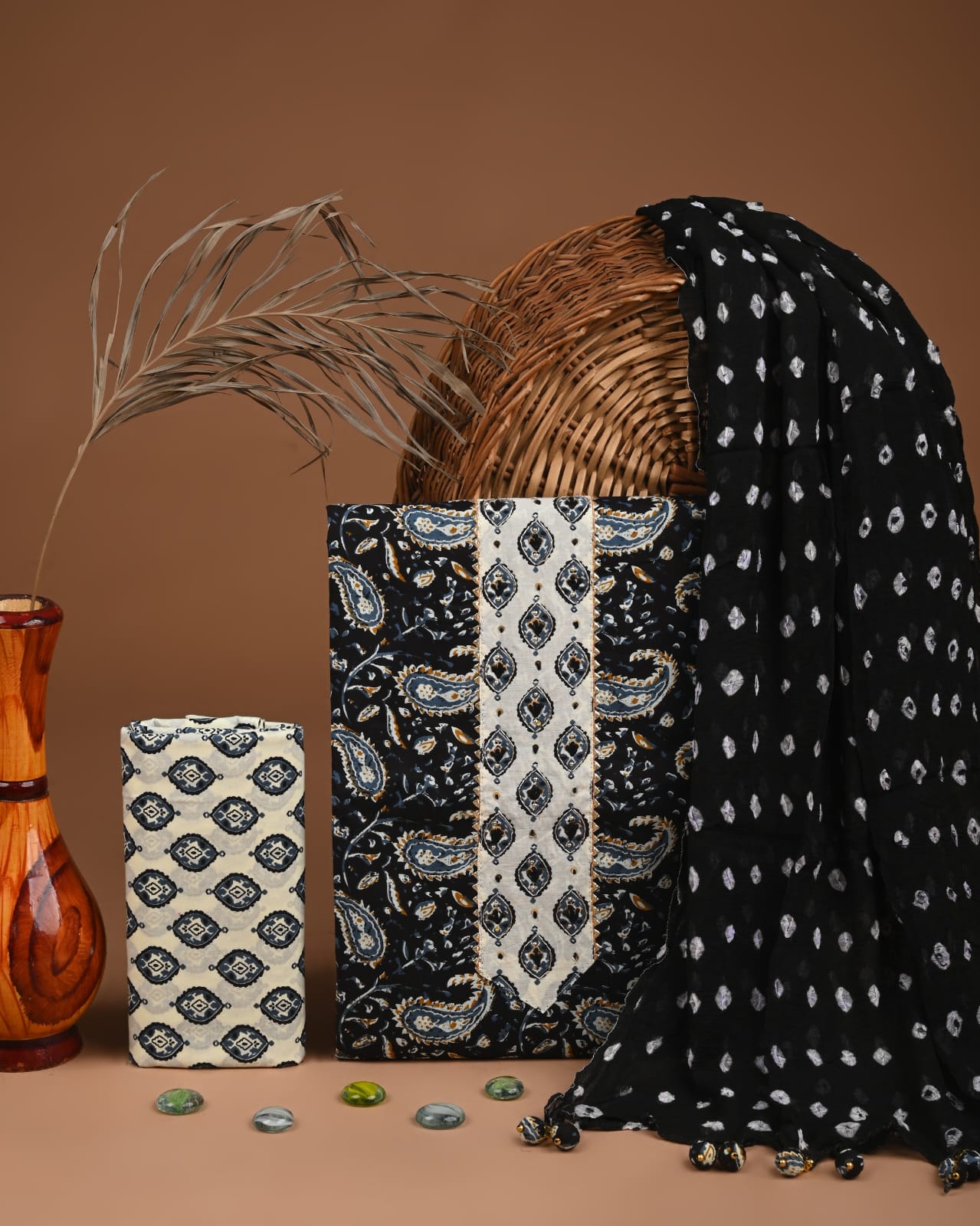 Premium Cotton Suit Set with Multicolor Neck & Zari Chiffon Dupatta (BCTCOTCFG39)