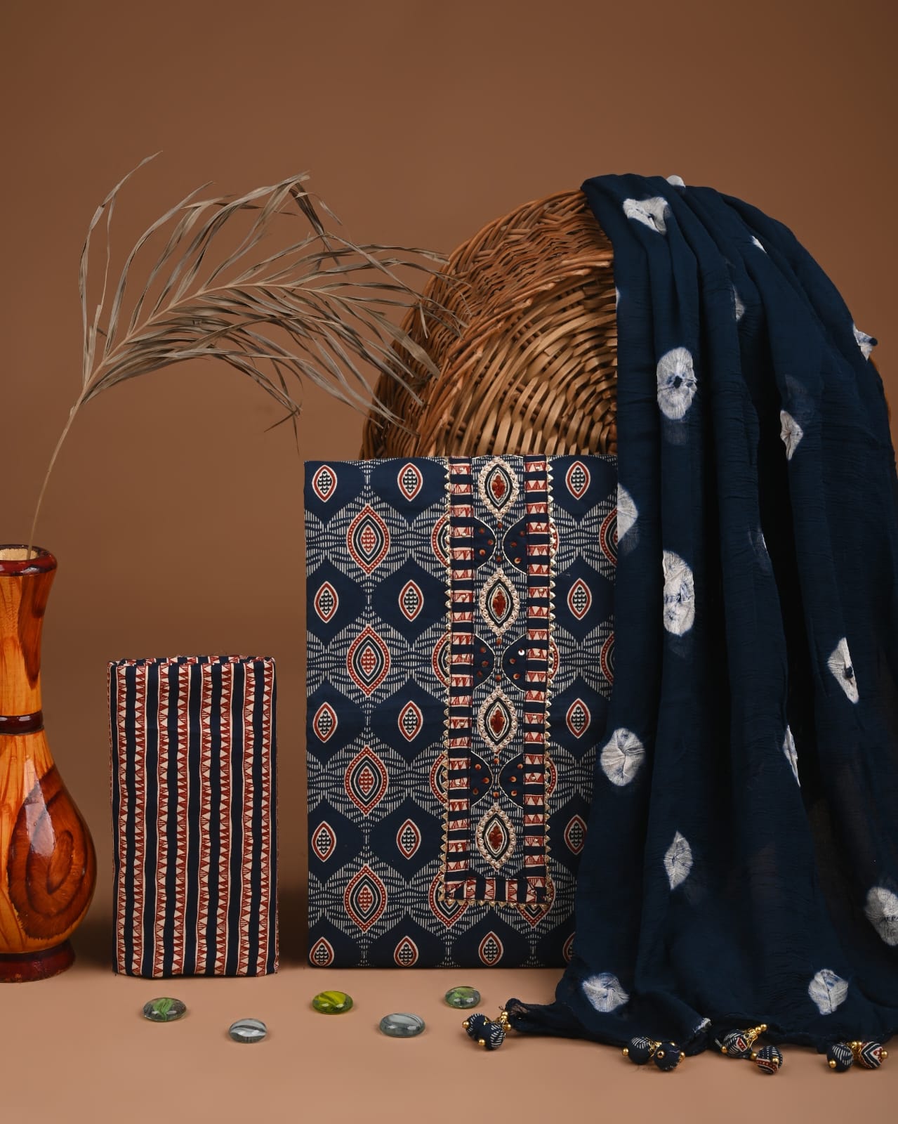 Premium Cotton Suit Set with Multicolor Neck & Zari Chiffon Dupatta (BCTCOTCFG41)