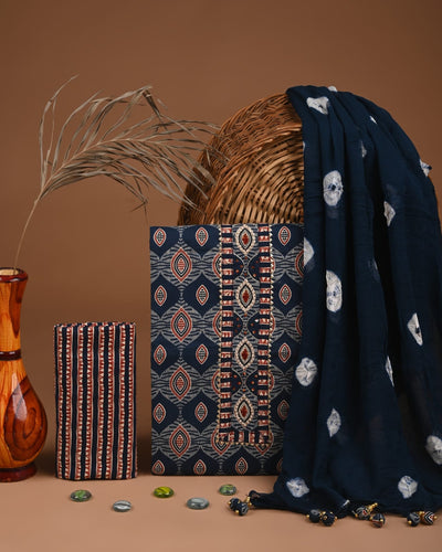 Premium Cotton Suit Set with Multicolor Neck & Zari Chiffon Dupatta (BCTCOTCFG41)