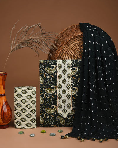 Premium Cotton Suit Set with Multicolor Neck & Zari Chiffon Dupatta (BCTCOTCFG42)