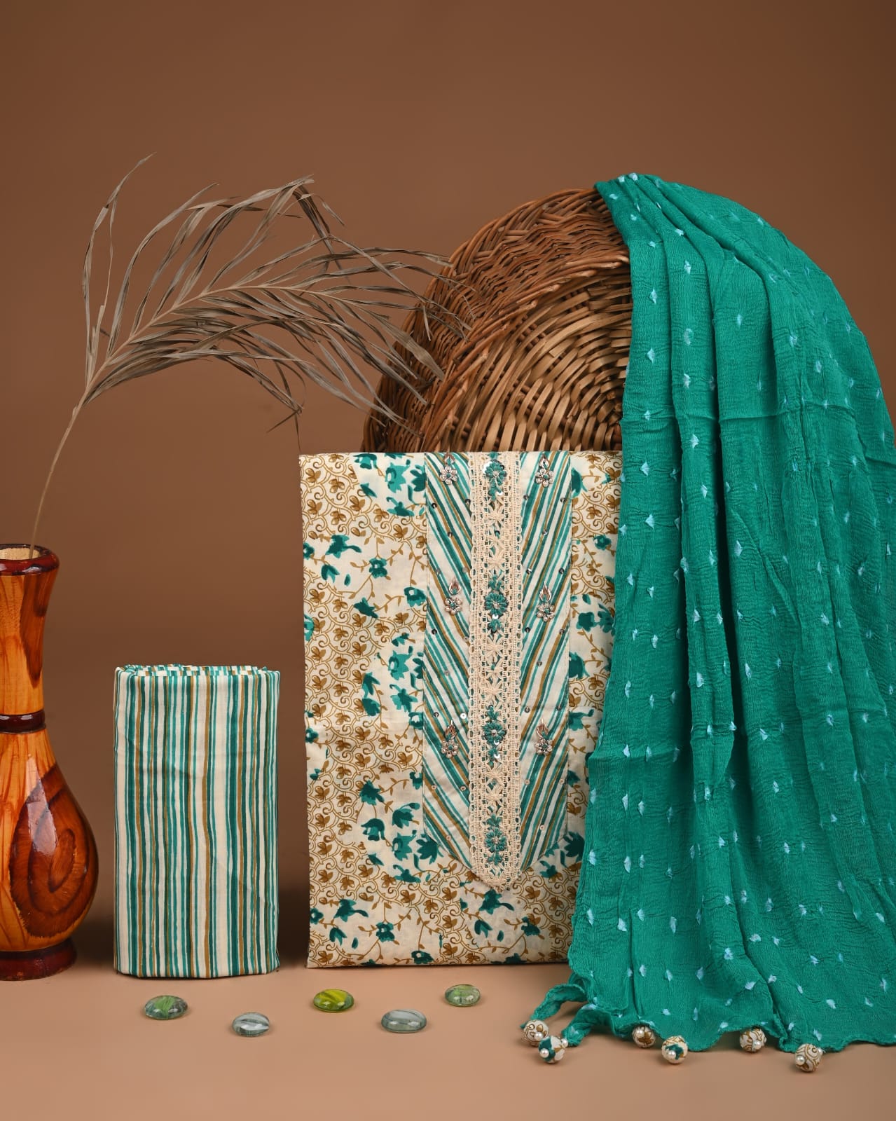 Premium Cotton Suit Set with Multicolor Neck & Zari Chiffon Dupatta (BCTCOTCFG43)