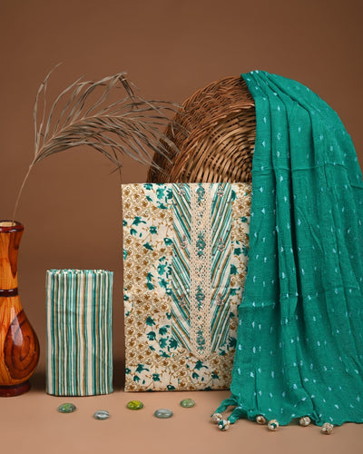 Premium Cotton Suit Set with Multicolor Neck & Zari Chiffon Dupatta (BCTCOTCFG43)