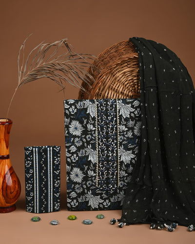 Premium Cotton Suit Set with Multicolor Neck & Zari Chiffon Dupatta (BCTCOTCFG44)