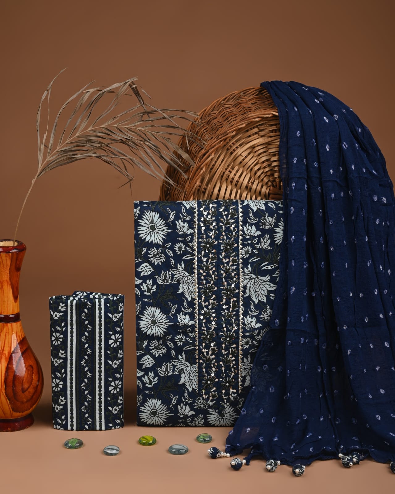 Premium Cotton Suit Set with Multicolor Neck & Zari Chiffon Dupatta (BCTCOTCFG46)