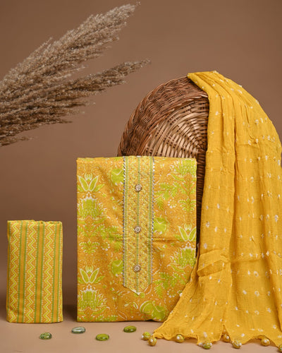 Premium Cotton Suit Set with Multicolor Neck & Zari Chiffon Dupatta (BCTCOTCFG48)