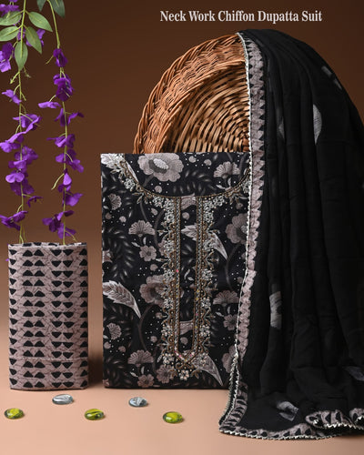 Premium Cotton Suit Set with Multicolor Neck & Zari Chiffon Dupatta (BCTCOTCFG23)