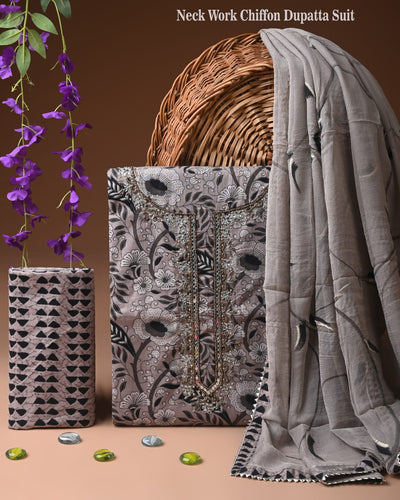 Premium Cotton Suit Set with Multicolor Neck & Zari Chiffon Dupatta (BCTCOTCFG47)