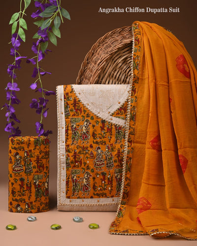 Premium Cotton Suit Set with Multicolor Neck & Zari Chiffon Dupatta (BCTCOTCFG11)